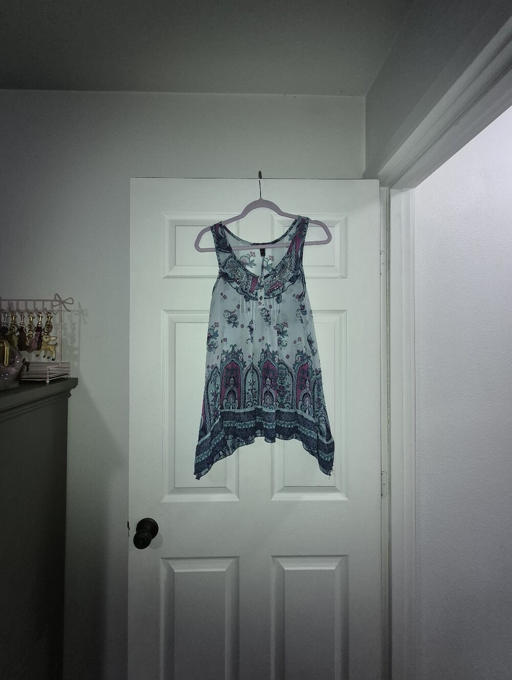 Sleeveless Boho Print Tank Top - Light Blue with Teal & Pink